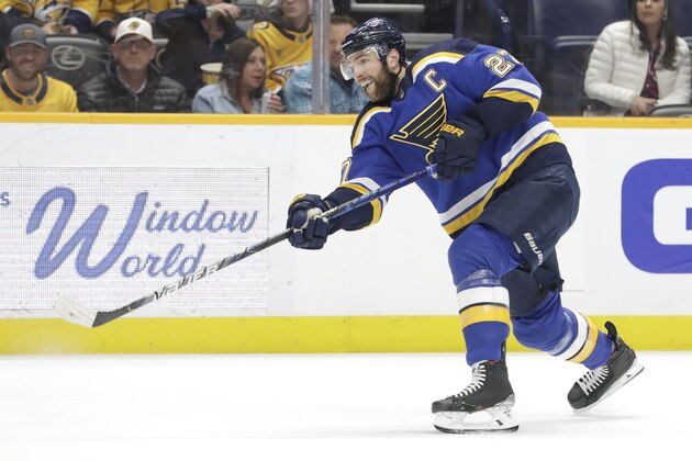 St. Louis Blues defenseman Alex Pietrangelo plays against the Nashville Predators in the first period of an NHL hockey game Sunday, Feb. 16, 2020, in Nashville, Tenn. (AP Photo/Mark Humphrey)