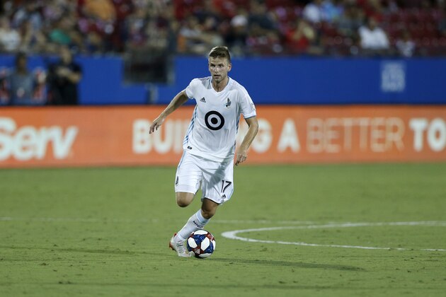 Minnesota United midfielder Collin Martin advances the ball during the second half of an MLS soccer match against FC Dallas in Frisco, Texas, Saturday, Aug. 10, 2019. FC Dallas beat Minnesota United 5-3. (AP Photo/Roger Steinman) Minnesota United midfielder Collin Martin advances the ball during the second half of an MLS soccer match against FC Dallas in Frisco, Texas, Saturday, Aug. 10, 2019. FC Dallas beat Minnesota United 5-3. (AP Photo/Roger Steinman)