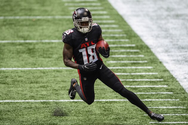 Atlanta Falcons wide receiver Calvin Ridley (18) carries the ball during the first half of an NFL football game against the Chicago Bears, Sunday, Sept. 27, 2020, in Atlanta. The Chicago Bears won 30-26. (AP Photo/Danny Karnik) Atlanta Falcons wide receiver Calvin Ridley (18) carries the ball during the first half of an NFL football game against the Chicago Bears, Sunday, Sept. 27, 2020, in Atlanta. The Chicago Bears won 30-26. (AP Photo/Danny Karnik)