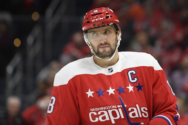 Washington Capitals left wing Alex Ovechkin (8), of Russia, stands on the ice during the second period of an NHL hockey game against the Philadelphia Flyers, Wednesday, March 4, 2020, in Washington. (AP Photo/Nick Wass)