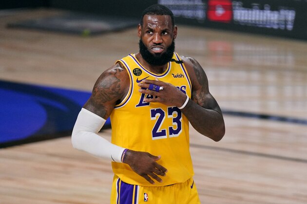 Los Angeles Lakers' LeBron James (23) prepares for play to start during the second half of Game 1 of basketball's NBA Finals Wednesday, Sept. 30, 2020, in Lake Buena Vista, Fla. (AP Photo/Mark J. Terrill)
