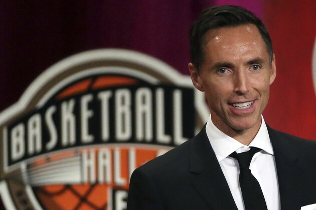 FILE - In this Sept. 7, 2018, file photo, Steve Nash speaks during induction ceremonies at the Basketball Hall of Fame, in Springfield, Mass. The Brooklyn Nets hired Steve Nash as their coach Thursday, Sept. 3, 2020, putting the Hall of Fame point guard in charge of the team that hopes to have Kevin Durant and Kyrie Irving together next season. (AP Photo/Elise Amendola, File)