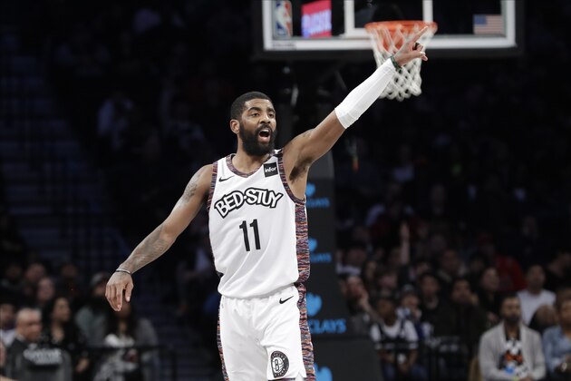 Kyrie Irving (11) during the second half of an NBA basketball game against the Chicago Bulls Friday, Jan. 31, 2020, in New York. The Nets won 133-118. (AP Photo/Frank Franklin II)
