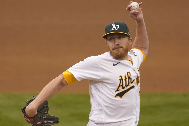 Oakland Athletics' Jake Diekman against the Houston Astros during a baseball game in Oakland, Calif., Thursday, Sept. 10, 2020. (AP Photo/Jeff Chiu)