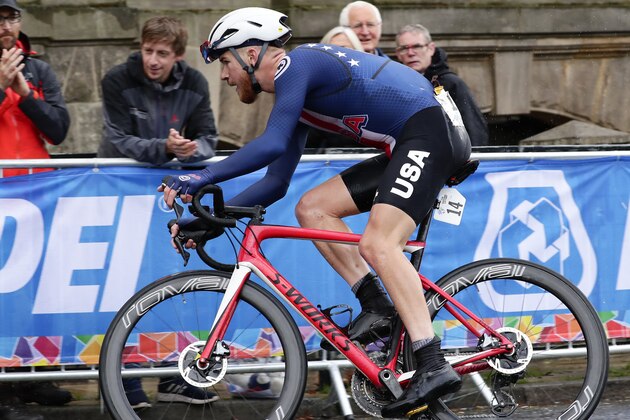 United States' Quinn Simmons pedals on his way to win the men junior event, at the road cycling World Championships in Harrogate, England, Thursday, Sept. 26, 2019. (AP Photo/Manu Fernandez)