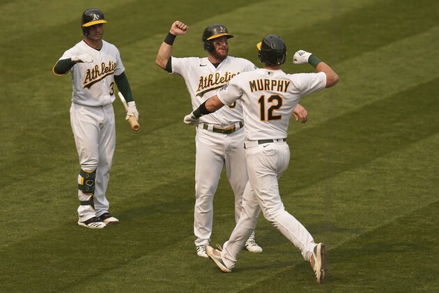Oakland Athletics' Sean Murphy (12) celebrates after hitting a two-run home run that scored Robbie Grossman, center, during the fourth inning of Game 3 of an American League wild-card baseball series against the Chicago White Sox Thursday, Oct. 1, 2020, in Oakland, Calif. Also pictured at left is Tommy La Stella. (AP Photo/Eric Risberg) Oakland Athletics' Sean Murphy (12) celebrates after hitting a two-run home run that scored Robbie Grossman, center, during the fourth inning of Game 3 of an American League wild-card baseball series against the Chicago White Sox Thursday, Oct. 1, 2020, in Oakland, Calif. Also pictured at left is Tommy La Stella. (AP Photo/Eric Risberg)