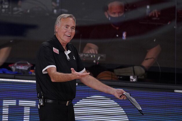 Houston Rockets head coach Mike D'Antoni reacts to a call during the second half of an NBA conference semifinal playoff basketball game against the Los Angeles Lakers Friday, Sept. 4, 2020, in Lake Buena Vista, Fla. (AP Photo/Mark J. Terrill)