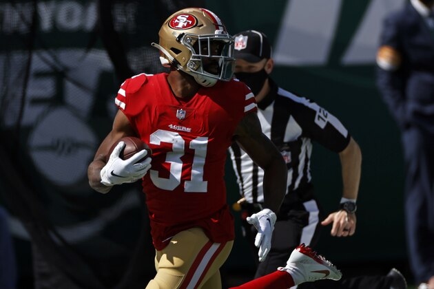 San Francisco 49ers running back Raheem Mostert (31) runs for a touchdown against the New York Jets during an NFL football game, Sunday, Sept. 20, 2020, in East Rutherford, N.J. (AP Photo/Adam Hunger) San Francisco 49ers running back Raheem Mostert (31) runs for a touchdown against the New York Jets during an NFL football game, Sunday, Sept. 20, 2020, in East Rutherford, N.J. (AP Photo/Adam Hunger)