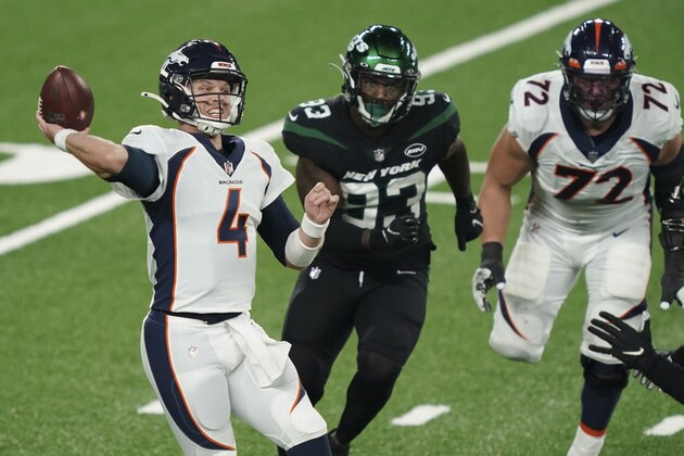 Denver Broncos quarterback Brett Rypien (4) throws a pass during the first half of an NFL football game against the New York Jets Thursday, Oct. 1, 2020, in East Rutherford, N.J. (AP Photo/John Minchillo) Denver Broncos quarterback Brett Rypien (4) throws a pass during the first half of an NFL football game against the New York Jets Thursday, Oct. 1, 2020, in East Rutherford, N.J. (AP Photo/John Minchillo)