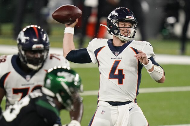 Denver Broncos quarterback Brett Rypien (4) throws a pass during the second half of an NFL football game against the New York Jets Thursday, Oct. 1, 2020, in East Rutherford, N.J. (AP Photo/Seth Wenig)