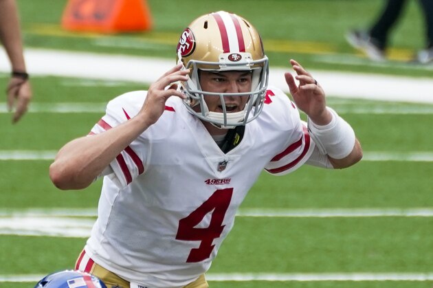 San Francisco 49ers quarterback Nick Mullens (4) calls a play during the first half of an NFL football game against the New York Giants, Sunday, Sept. 27, 2020, in East Rutherford, N.J. (AP Photo/Corey Sipkin)