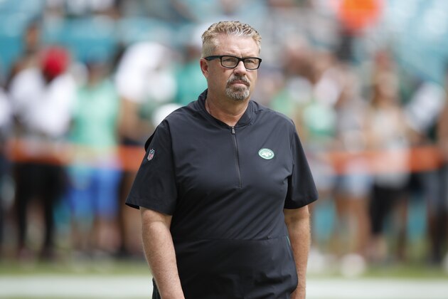 New York Jets defensive coordinator Gregg Williams looks on before an NFL football game between the New York Jets and the Miami Dolphins, Sunday, Nov. 3, 2019, in Miami Gardens, Fla. The Dolphins won 26-18. (Jeff Haynes/AP Images for Panini)
