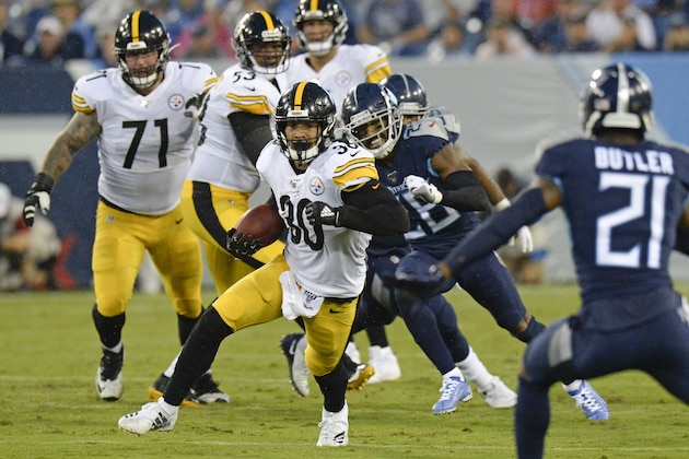 Pittsburgh Steelers running back James Conner (30) runs the ball against the Tennessee Titans in the first half of a preseason NFL football game Sunday, Aug. 25, 2019, in Nashville, Tenn. (AP Photo/Mark Zaleski)