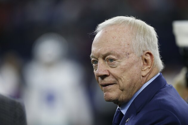 Dallas Cowboys team owner Jerry Jones watches warmups before an NFL football game against the Buffalo Bills in Arlington, Texas, Thursday, Nov. 28, 2019. (AP Photo/Ron Jenkins)