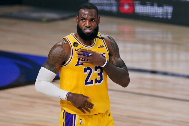Los Angeles Lakers' LeBron James (23) prepares for play to start during the second half of Game 1 of basketball's NBA Finals Wednesday, Sept. 30, 2020, in Lake Buena Vista, Fla. (AP Photo/Mark J. Terrill) Los Angeles Lakers' LeBron James (23) prepares for play to start during the second half of Game 1 of basketball's NBA Finals Wednesday, Sept. 30, 2020, in Lake Buena Vista, Fla. (AP Photo/Mark J. Terrill)