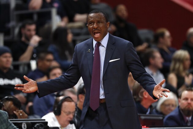 Detroit Pistons head coach Dwane Casey argues a call against the Oklahoma City Thunder in the first half of an NBA basketball game in Detroit, Wednesday, March 4, 2020. (AP Photo/Paul Sancya)