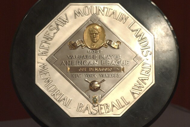FILE - In this Jan. 22, 2006, file photo,a Joe DiMaggio 1947 MVP Award plaque is displayed at a news conference in New York. The plaque features the name and image of Kenesaw Mountain Landis. A group of House Democrats called Tuesday, Aug. 4, 2020, for the name of former baseball commissioner Landis to be pulled off future Most Valuable Player plaques. (AP Photo/Jennifer Szymaszek, File)
