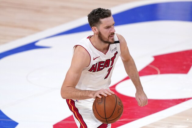Miami Heat's Goran Dragic (7) plays against the Boston Celtics during the first half of an NBA conference final playoff basketball game Friday, Sept. 25, 2020, in Lake Buena Vista, Fla. (AP Photo/Mark J. Terrill)