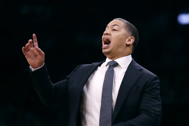 Cleveland Cavaliers head coach Ty Lue calls to his players during the second quarter of an NBA basketball game against the Boston Celtics in Boston, Tuesday, Oct. 2, 2018. (AP Photo/Charles Krupa)
