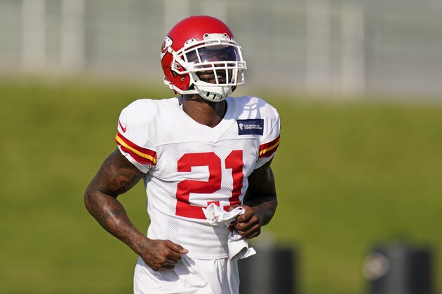 Kansas City Chiefs cornerback Bashaud Breeland runs during an NFL football training camp practice Monday, Aug. 24, 2020, in Kansas City, Mo. (AP Photo/Charlie Riedel)