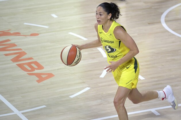Seattle Storm guard Sue Bird pushes the ball up the court during the first half of a WNBA basketball game against the New York Liberty, Tuesday, Aug. 18, 2020, in Bradenton, Fla. (AP Photo/Phelan M. Ebenhack)