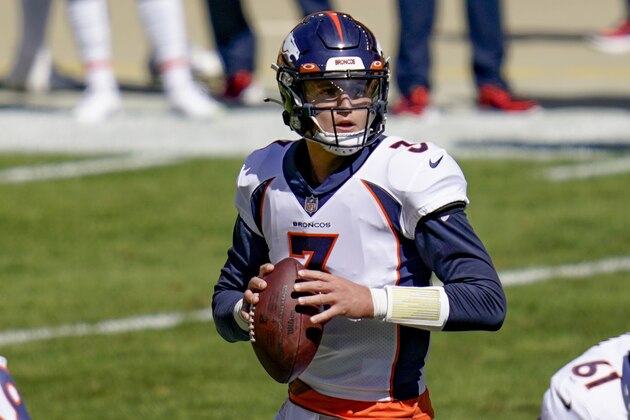 Denver Broncos quarterback Drew Lock (3) plays against the Pittsburgh Steelers during an NFL football game, Sunday, Sept. 20, 2020, in Pittsburgh. (AP Photo/Keith Srakocic)