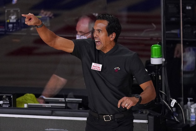 Miami Heat head coach Erik Spoelstra gestures as he watches play against the Los Angeles Lakers during the second half of Game 2 of basketball's NBA Finals, Friday, Oct. 2, 2020, in Lake Buena Vista, Fla. (AP Photo/Mark J. Terrill)