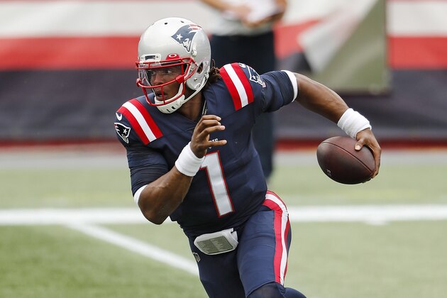 New England Patriots quarterback Cam Newton runs against the Las Vegas Raiders during an NFL football game at Gillette Stadium, Sunday, Sept. 27, 2020 in Foxborough, Mass. (Winslow Townson/AP Images for Panini)
