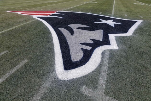The New England Patriots logo on the field at Gillette Stadium in Foxborough, Mass., Thursday, Dec. 26, 2013. (AP Photo/Michael Dwyer)