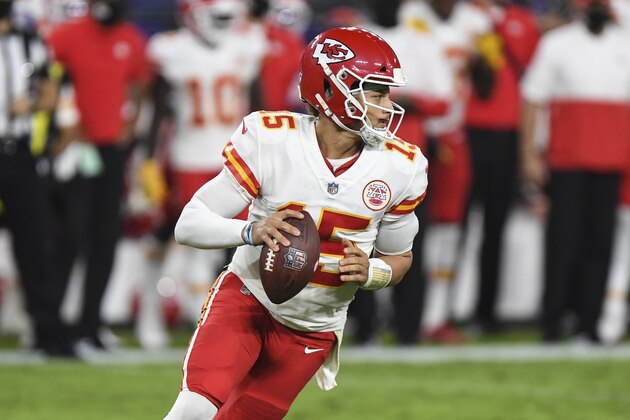 Kansas City Chiefs quarterback Patrick Mahomes (15) looks to pass during the first half of an NFL football game against the Baltimore Ravens, Monday, Sept. 28, 2020, in Baltimore. (AP Photo/Terrance Williams)
