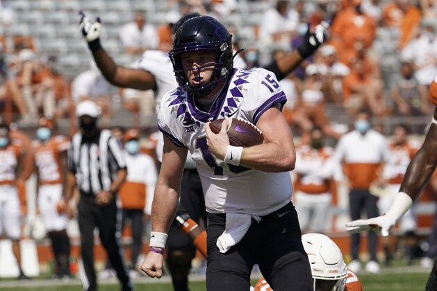 TCU quarterback Max Duggan (15) scores a touchdown on a run against Texas during the first half of an NCAA college football game, Saturday, Oct. 3, 2020, in Austin, Texas. (AP Photo/Eric Gay)