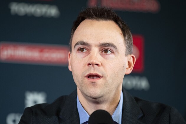 Philadelphia Phillies baseball team general manager Matt Klentak speaks during news conference in Philadelphia, Monday, Dec. 16, 2019.. (AP Photo/Matt Rourke)