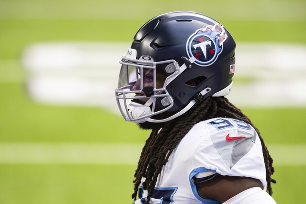Tennessee Titans defensive end Jadeveon Clowney (99) looks on before the start of an NFL football game against the Minnesota Vikings, Sunday, Sept. 27, 2020, in Minneapolis. The Titans defeated the Vikings 31-30. (AP Photo/David Berding)