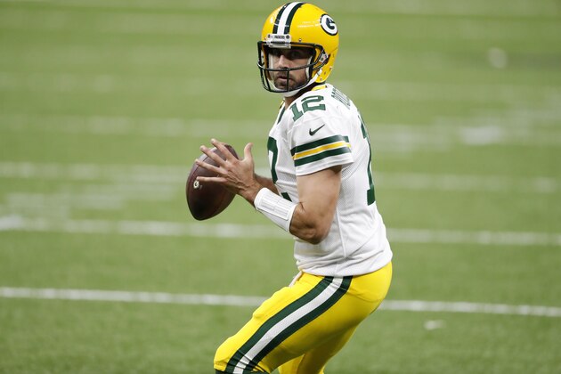 Green Bay Packers quarterback Aaron Rodgers (12) during an NFL football game against the New Orleans Saints, Sunday, Sept. 27, 2020, in New Orleans. (AP Photo/Tyler Kaufman) Green Bay Packers quarterback Aaron Rodgers (12) during an NFL football game against the New Orleans Saints, Sunday, Sept. 27, 2020, in New Orleans. (AP Photo/Tyler Kaufman)