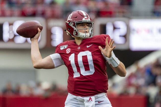 Alabama quarterback Mac Jones (10) throws a pass against Western Carolina during the first half of an NCAA college football game, Saturday, Nov. 23, 2019, in Tuscaloosa, Ala. (AP Photo/Vasha Hunt)