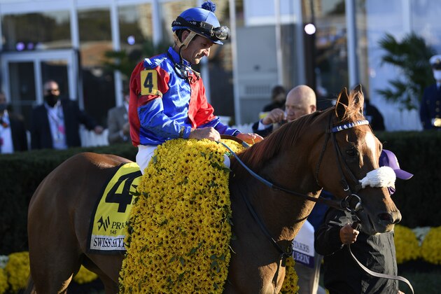 Swiss Skydiver, with Robby Albarado, aboard stands in winner's circle after winning the 145th Preakness Stakes horse race at Pimlico Race Course, Saturday, Oct. 3, 2020, in Baltimore. (AP Photo/Nick Wass)