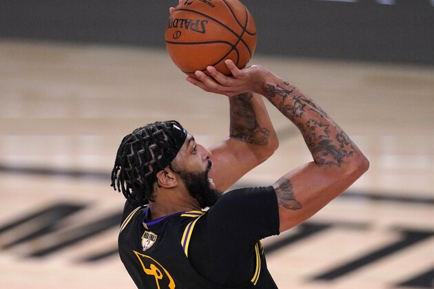 Los Angeles Lakers forward Anthony Davis (3) goes up for a shot during the second half of Game 2 of basketball's NBA Finals against the Miami Heat on Friday, Oct. 2, 2020, in Lake Buena Vista, Fla. (AP Photo/Mark J. Terrill) Los Angeles Lakers forward Anthony Davis (3) goes up for a shot during the second half of Game 2 of basketball's NBA Finals against the Miami Heat on Friday, Oct. 2, 2020, in Lake Buena Vista, Fla. (AP Photo/Mark J. Terrill)