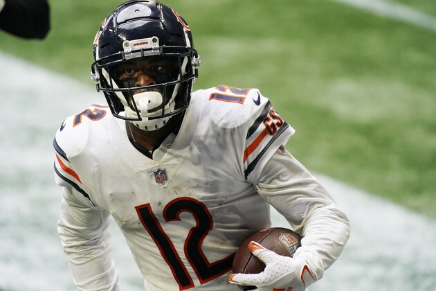 Chicago Bears wide receiver Allen Robinson (12) runs against the Atlanta Falcons during the second half of an NFL football game, Sunday, Sept. 27, 2020, in Atlanta. (AP Photo/Brynn Anderson)