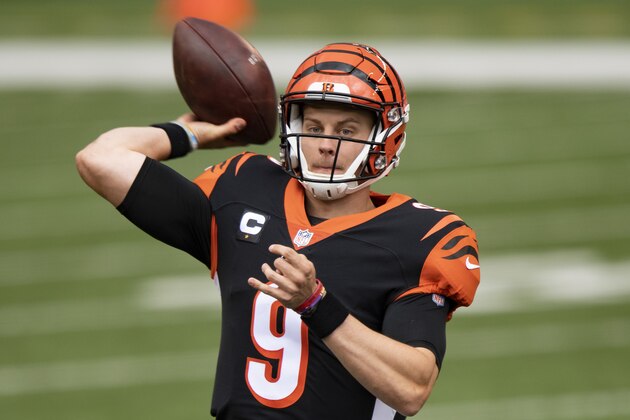 Cincinnati Bengals quarterback Joe Burrow (9) passes the ball during an NFL football game against Jacksonville Jaguars, Sunday, Oct. 4, 2020, in Cincinnati. (AP Photo/Emilee Chinn)