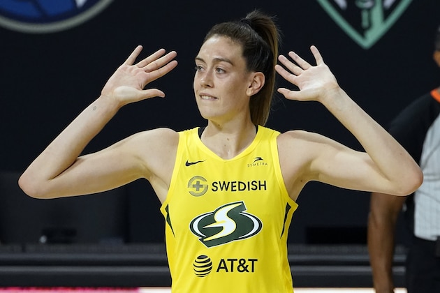 Seattle Storm forward Breanna Stewart (30) celebrates after the team defated the Las Vegas Aces during Game 1 of basketball's WNBA Finals Friday, Oct. 2, 2020, in Bradenton, Fla. (AP Photo/Chris O'Meara) Seattle Storm forward Breanna Stewart (30) celebrates after the team defated the Las Vegas Aces during Game 1 of basketball's WNBA Finals Friday, Oct. 2, 2020, in Bradenton, Fla. (AP Photo/Chris O'Meara)