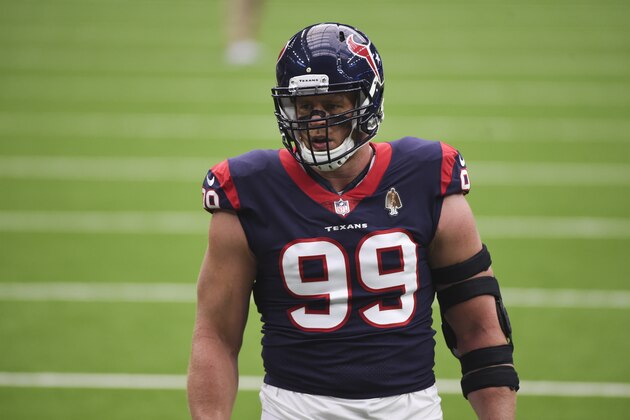 Houston Texans defensive end J.J. Watt walks on the field during an NFL football game against the Minnesota Vikings Sunday, Oct. 4, 2020, in Houston. (AP Photo/Eric Christian Smith)