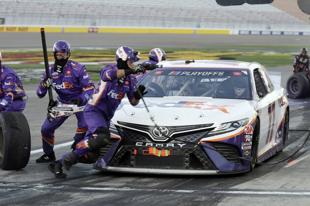Denny Hamlin pits during a NASCAR Cup Series auto race Sunday, Sept. 27, 2020, in Las Vegas. (AP Photo/Isaac Brekken)