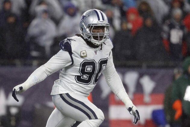 Dallas Cowboys defensive end Demarcus Lawrence during an NFL football game against the New England Patriots at Gillette Stadium, Sunday, Nov. 24, 2019 in Foxborough, Mass. (Winslow Townson/AP Images for Panini)