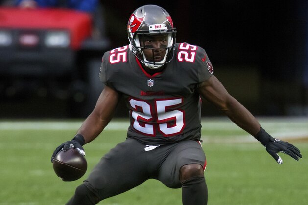 Tampa Bay Buccaneers running back LeSean McCoy (25) runs with the football against the Denver Broncos in the second half of an NFL football game, Sunday, Sept.. 27, 2020, in Denver. (AP Photo/Justin Edmonds)