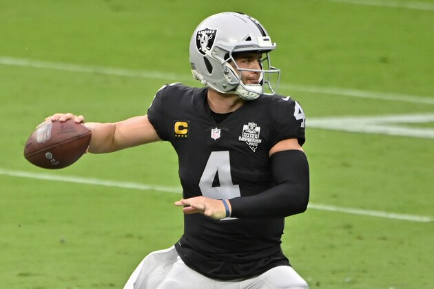 Las Vegas Raiders quarterback Derek Carr (4) looks to pass against the Buffalo Bills during the first half of an NFL football game, Sunday, Oct. 4, 2020, in Las Vegas. (AP Photo/David Becker) Las Vegas Raiders quarterback Derek Carr (4) looks to pass against the Buffalo Bills during the first half of an NFL football game, Sunday, Oct. 4, 2020, in Las Vegas. (AP Photo/David Becker)