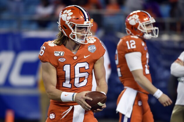 Clemson quarterback Trevor Lawrence (16) warms up prior to the Atlantic Coast Conference championship NCAA college football game against Clemson in Charlotte, N.C., Saturday, Dec. 7, 2019. (AP Photo/Mike McCarn)