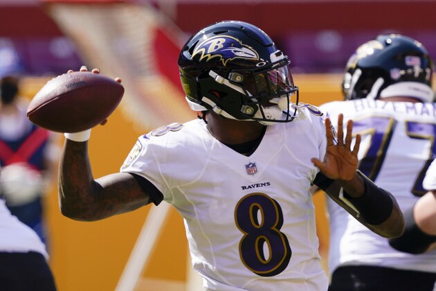 Baltimore Ravens quarterback Lamar Jackson (8) works against the Washington Football Team during the first half of an NFL football game, Sunday, Oct. 4, 2020, in Landover, Md. (AP Photo/Susan Walsh)