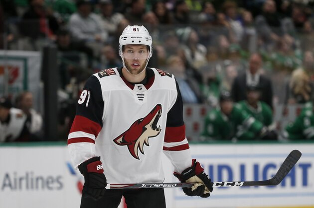 Arizona Coyotes left wing Taylor Hall (91) plays against the Dallas Stars during the second period of an NHL hockey game in Dallas, Wednesday, Feb. 19, 2019. (AP Photo/Michael Ainsworth)