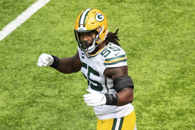 Green Bay Packers outside linebacker Za'Darius Smith (55) in action in the second quarter during an NFL football game against the Minnesota Vikings, Sunday, Sept. 13, 2020, in Minneapolis. The Packers defeated the Vikings 43-34. (AP Photo/David Berding)
