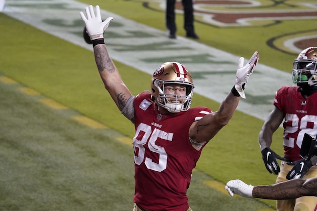 San Francisco 49ers tight end George Kittle (85) celebrates after scoring a touchdown against the Philadelphia Eagles during the second half of an NFL football game in Santa Clara, Calif., Sunday, Oct. 4, 2020. (AP Photo/Tony Avelar) San Francisco 49ers tight end George Kittle (85) celebrates after scoring a touchdown against the Philadelphia Eagles during the second half of an NFL football game in Santa Clara, Calif., Sunday, Oct. 4, 2020. (AP Photo/Tony Avelar)